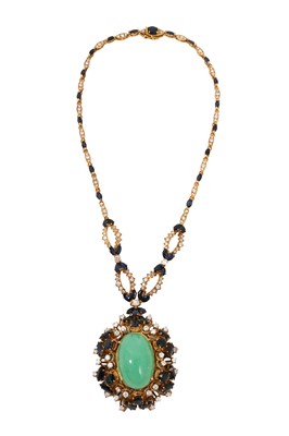 Lot 765 - Impressive diamond and multi-gem pendant necklace with a central green quartz oval cabochon surrounded by brilliant cut diamonds and marquise cut and oval mixed cut blue sapphires suspended from...