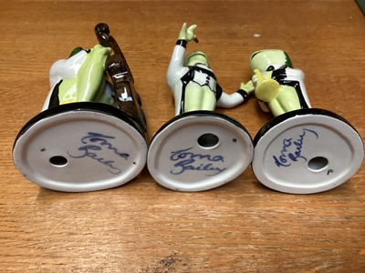 Lot 1129 - Three Lorna Bailey frog band members, tallest is 14.5cm