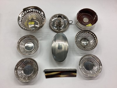 Lot 1056 - Miscellaneous group of silver to include chamber candlestick, bon bon dishes, coaster, spoons etc