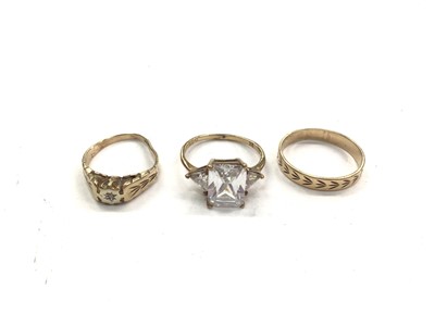 Lot 1103 - 9ct gold wedding ring, 9ct gold diamond set ring and 9ct gold dress ring (3)