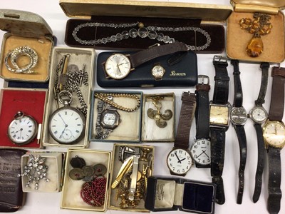 Lot 82 - Group of vintage watches and costume jewellery to include two 9ct gold cased wristwatches, Victorian silver pocket watch, various watches and costume jewellery