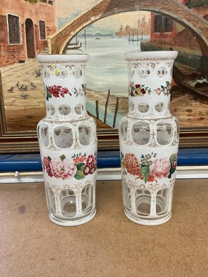 Lot 64 - Pair of Bohemian flash cut glass vases painted with flowers