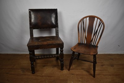 Lot Carolean leather upholstered oak side chair, together with an ash and elm Windsor chair