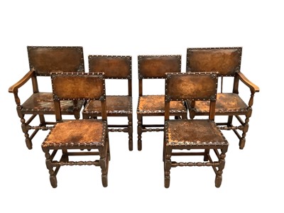 Lot 1204 - Set of six Cromwellian style oak and leather upholstered dining chairs