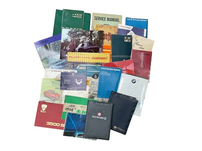 Lot 61 - Group of car sales brochures, workshop manuals and handbooks to include BMW, Austin, Rover and Volvo (1 box).