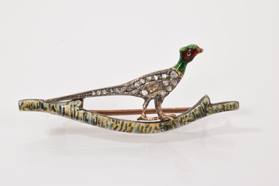 Lot 181 - Pheasant brooch set with rose cut diamonds and enamel decoration, 47mm