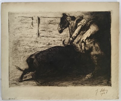 Lot 224 - Jean Joseph Delvin (1852-1933) etching - Bullfight, signed and dated 1918, mounted on card