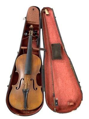 Lot 260 - 19th century violin in case with bow, two-piece back