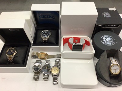 Lot 123 - Collection of wristwatches to include Citizen Eco-Drive WR100 in box, Seiko Kinetic in box, Seiko Solar in box, Apple 316L red sports watch in box, two Seiko Automatic wristwatches, 1960s Tissot...