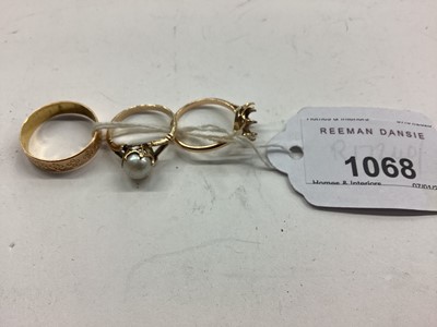 Lot 1068 - Three gold rings to include a gold wedding ring, gold and cultured pearl ring and a gold ring (missing stone)