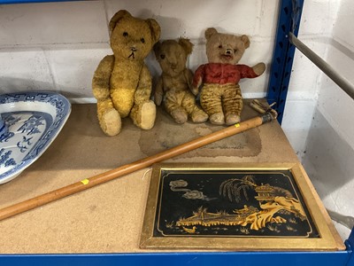 Lot 80 - Chinese lacquer panel, group of teddies and silver mounted walking stick