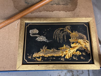 Lot 80 - Chinese lacquer panel, group of teddies and silver mounted walking stick