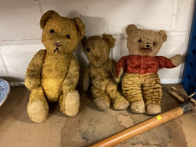 Lot 80 - Chinese lacquer panel, group of teddies and silver mounted walking stick