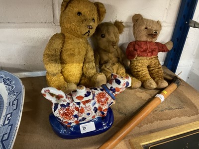 Lot 80 - Chinese lacquer panel, group of teddies and silver mounted walking stick