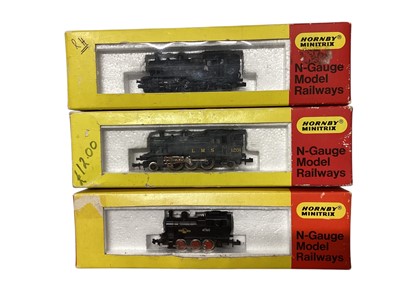 Lot Trix N Gauge 2-6-2 Ivatt Class LMS 1291 & BR locomotives and Hornby Minitrix 0-6-0 Dock Tank BR locomotive 47169, N.201 (3)