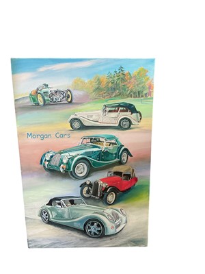 Lot 75 - Contemporary oil on canvas of Morgan Cars and one other framed photographic print of a Morgan, the oil 50.5 x 76cm (2)