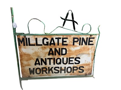 Lot 100 - Double sided metal advertising sign for Millgate Pine and Antiques Workshops, 77.5cm in length.