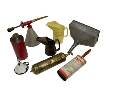 Lot 113 - Redex dispenser, brass pyrene, Duckhams oil jug, cans and other items. (1 box)