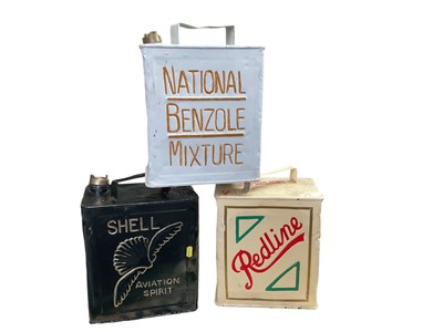 Lot 106 - Three vintage fuel cans - National Benzole Mixture, Shell Aviation Spirit and Redline (3).