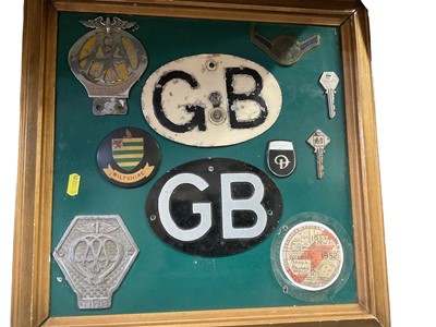 Lot 98 - Group of vintage GB signs, AA badges and related items, mounted onto board.