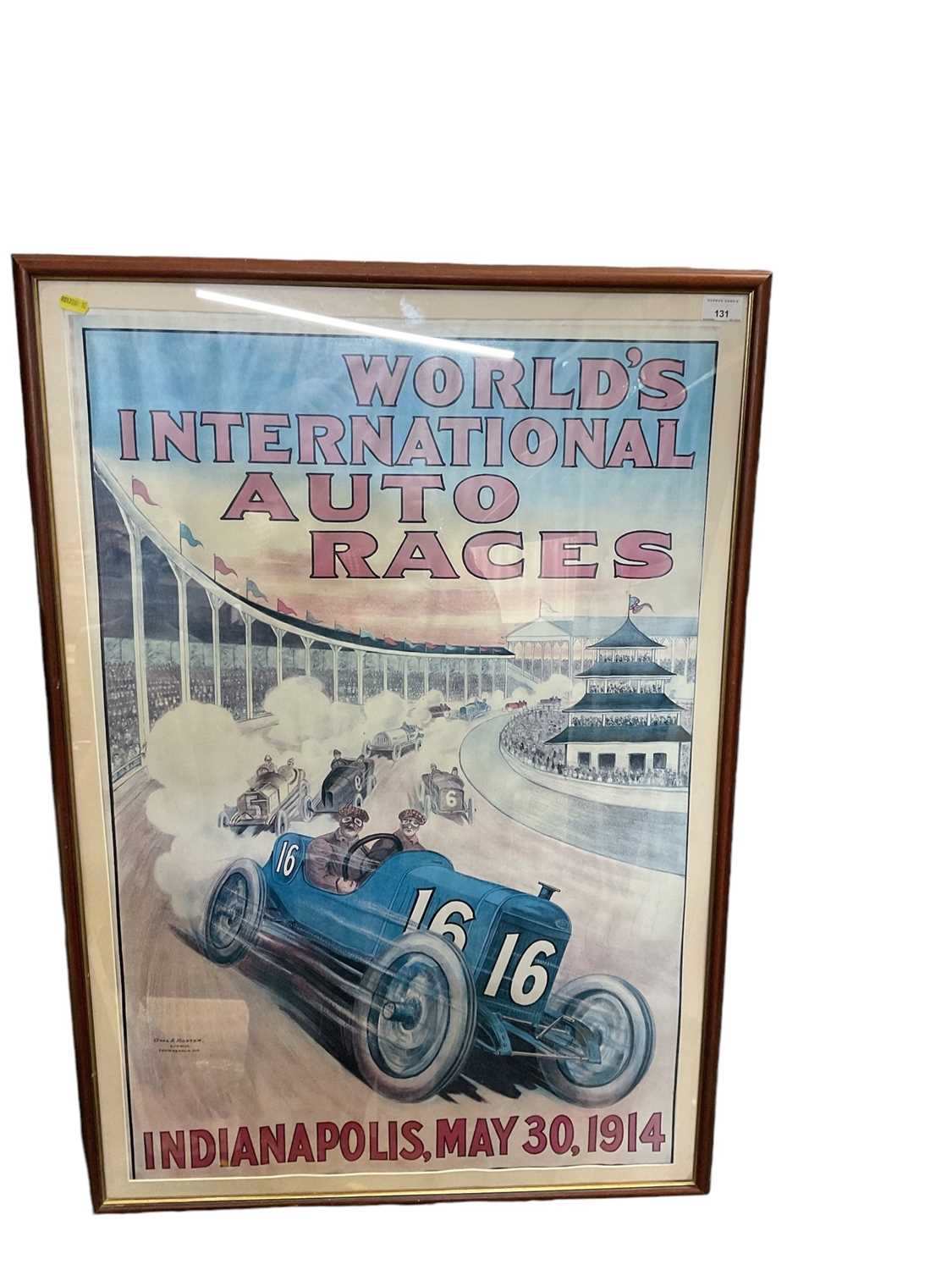 Lot 131 - Reproduction Indianapolis, May 30, 1914, race print, mounted in glazed frame, 100 x 69cm overall.