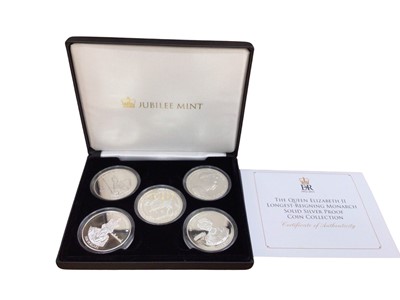 Lot 472 - World - Jubilee Mint five Crown silver proof collection commemorating Elizabeth II 'Longest Reigning Monarch' 2015 (N.B. Cased with Certificate of Authenticity) (1 coin set)