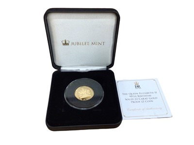 Lot 476 - Tristan Da Cunha - Gold proof £1 commemorating Elizabeth II 90th Birthday 2016 (N.B. 22 carat gold, Wt. 8gms, cased with Certificate of Authenticity) (1 coin)