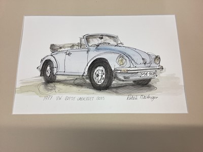 Lot 148 - Robbie MacGregor , two pen and wash drawings VW Beetle and Austin Healey Frog Eye Sprite (2)