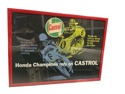 Lot 86 - Vintage Castrol advertising poster 'Honda Champions Rely On Castrol', mounted in glazed frame, image 70 x 50cm