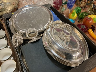 Lot 405 - One box of various silver plate to include entree dishes, trays and other items.