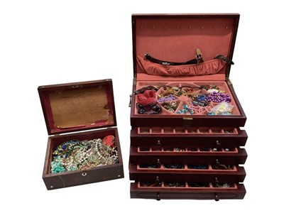 Lot 160 - Four draw wooden jewellery box and wooden work box containing costume jewellery, wristwatches and gold