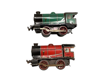 Lot 1972 - Hornby O Gauge clockwork tin plate locomotives and one tender, plus wagons & O Gauge American style locomotive
