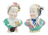 Lot 207 - Pair 19th century Meissen busts of children,...