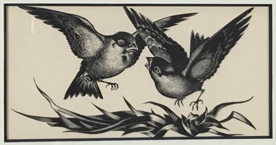 Lot 34 - Agnes Miller Parker (1895-1980) two woodcuts, 1936, first editions - 'Cock Sparrows' and 'Heron', 6cm x 12cm, in glazed frames (2)