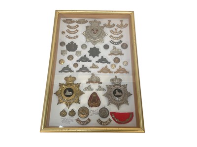 Lot 752 - Fine collection of Victorian and later Lincolnshire Regiment badges and button including three helmet plates in glazed frame.