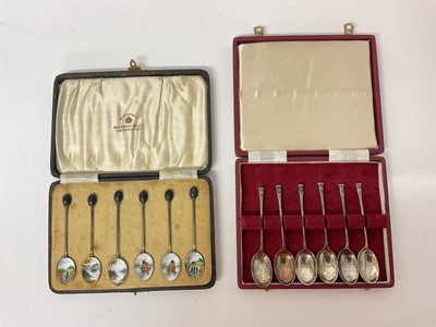 Lot 38 - Cased set of six silver enamel coffee spoons, and another cased silver set