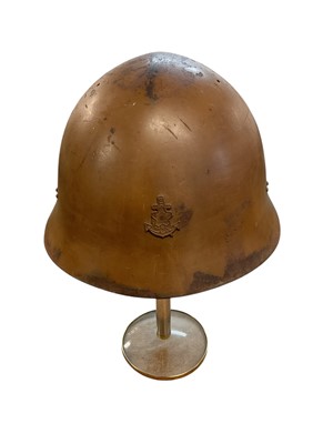 Lot 902 - Second World War Japanese marine helmet with camouflage painted finish and leather and canvas lining.