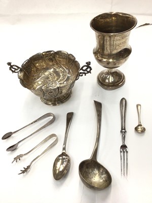 Lot 72 - Victorian silver two handled pedestal bowl, silver trophy, Georgian silver ladle and other silver flat ware