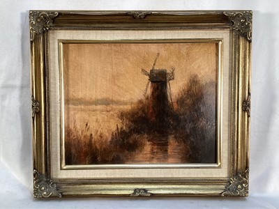 Lot 95 - English School oil on board - A Wind Pump on the Norfolk Broads, 19cm x 24cm, framed