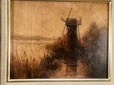 Lot 95 - English School oil on board - A Wind Pump on the Norfolk Broads, 19cm x 24cm, framed