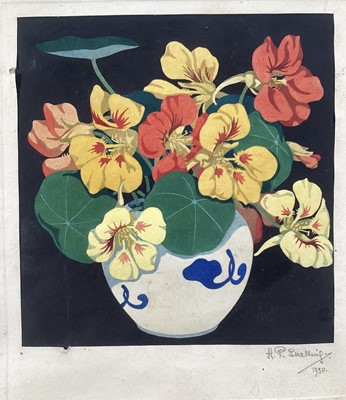 Lot 97 - H. P. Snelling, 1930, a pair Arts and Crafts Nasturtiums and Marigolds, signed and dated 1930, 16.5cm x 15.5cm, framed (2)