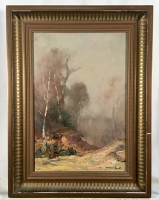 Lot 292 - James Herbert Snell (1861 - 1935) oil on canvas laid on board, woodland scene with silver birch trees signed, in gilt frame. 31 x 21cm.