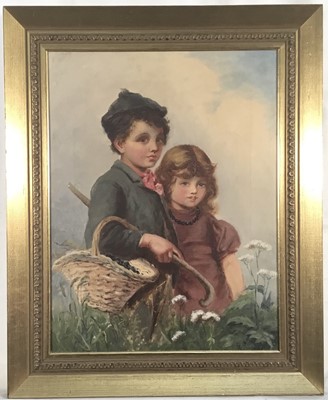 Lot 293 - English School (circa 1900) oil on canvas, a boy and his sister walking amongst wildflowers in a meadow, in gilt frame. 38 x 29cm.