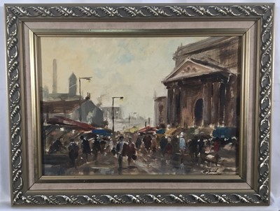 Lot 294 - Arvind Limaye, oil on board, street scene in Oxford on market day, signed and inscribed, also signed verso, in gilt frame. 23 x 33cm.