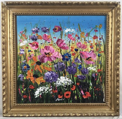 Lot 331 - Anna Kaluzna, profusion of wild flowers, oil on board, signed, also label verso, in gilt frame. 20 x 19cm.