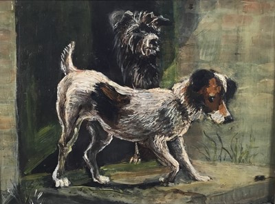 Lot 302 - English School 19th century, oil on panel, terriers at a rat, in gilt frame. 15 x 20cm.