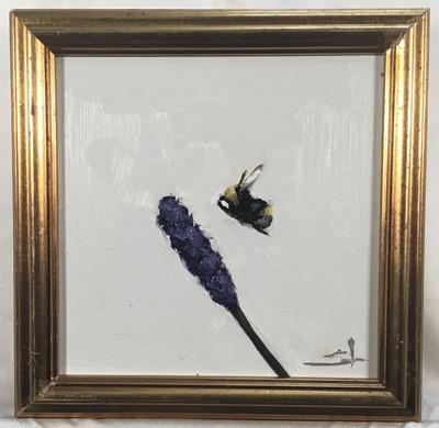 Lot 297 - Vivak Mandalia, oil on board, bumble bee and a sprig of lavender, signed, also certificate verso, in gilt frame. 19 x 19cm.