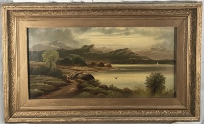 Lot 332 - Charles Leslie (1835 - 1890) oil on canvas, extensive lakeland scene, inscribed verso, in gilt frame. 29 x 60cm.