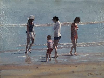 Lot 296 - Peter Z. Phillips, oil on canvas, children paddling at the beach, signed and dated '24, unframed. 23 x 30cm.