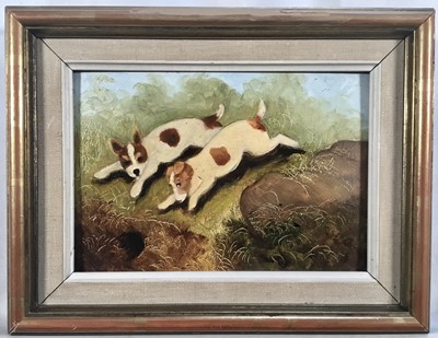 Lot 300 - English School 20th century, oil on board, dogs at a rabbit hole, in gilt frame. 13 x 19cm.